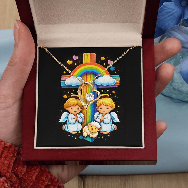 Rainbow Cross Cherub Angels | Christian Forever Love Necklace | Gift for Kids