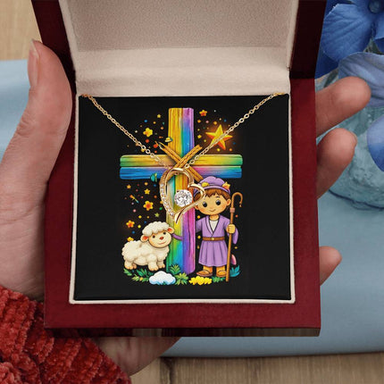 Rainbow Cross Little Shepherd | Christian Forever Love Necklace | Gift for Kids