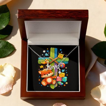 Rainbow Cross Little Fox | Christian Scripted Love Necklace | Gift for Kids