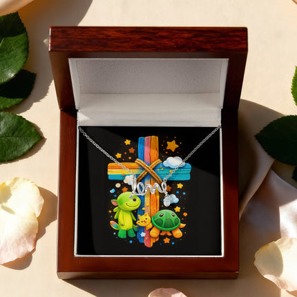 Rainbow Cross Turtle | Christian Scripted Love Necklace | Gift for Kids