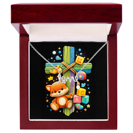 Rainbow Cross Little Fox | Christian Scripted Love Necklace | Gift for Kids