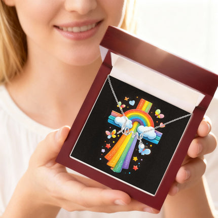 Rainbow Cross Butterfly | Christian Scripted Love Necklace | Gift for Kids