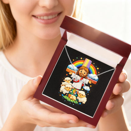 Rainbow Cross Jesus & Lambs | Christian Scripted Love Necklace | Gift for Kids