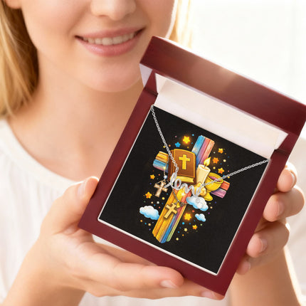 Rainbow Cross Bible And Cross | Christian Scripted Love Necklace | Gift for Kids