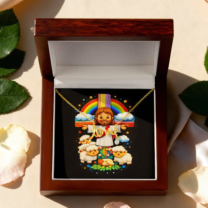 Rainbow Cross Jesus & Lambs | Christian Scripted Love Necklace | Gift for Kids