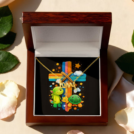 Rainbow Cross Turtle | Christian Scripted Love Necklace | Gift for Kids