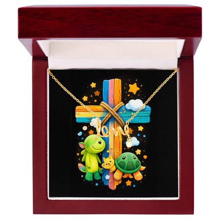 Rainbow Cross Turtle | Christian Scripted Love Necklace | Gift for Kids