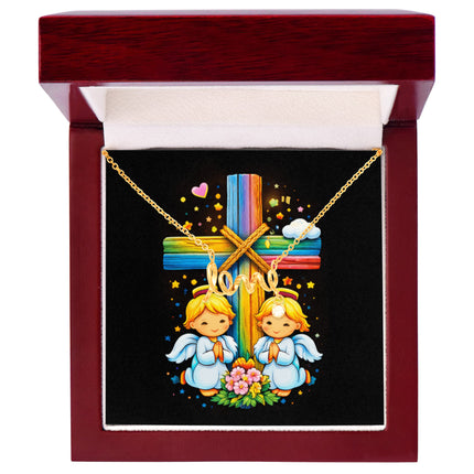 Rainbow Cross Angel Twins | Christian Scripted Love Necklace | Gift for Kids