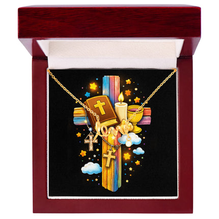 Rainbow Cross Bible And Cross | Christian Scripted Love Necklace | Gift for Kids
