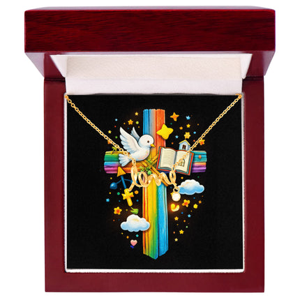 Rainbow Cross Open Bible | Christian Scripted Love Necklace | Gift for Kids