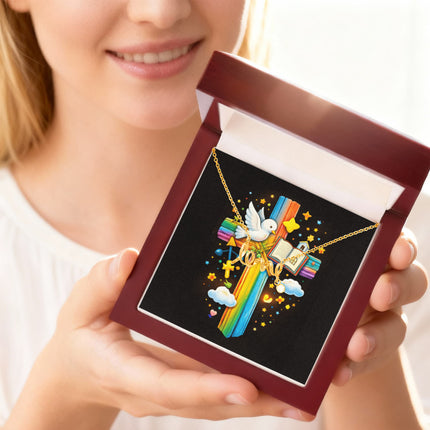 Rainbow Cross Open Bible | Christian Scripted Love Necklace | Gift for Kids