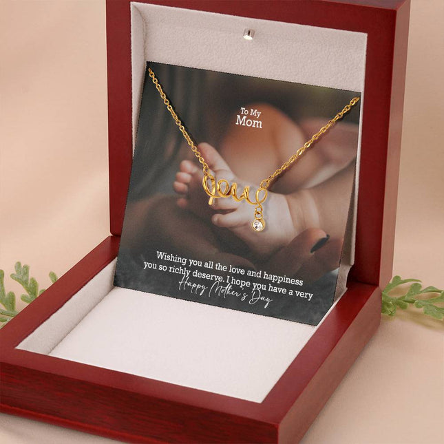 Christian scripted love necklace with "Love, written for her" message — modern Mother's Day gift for mom, in luxury gift box