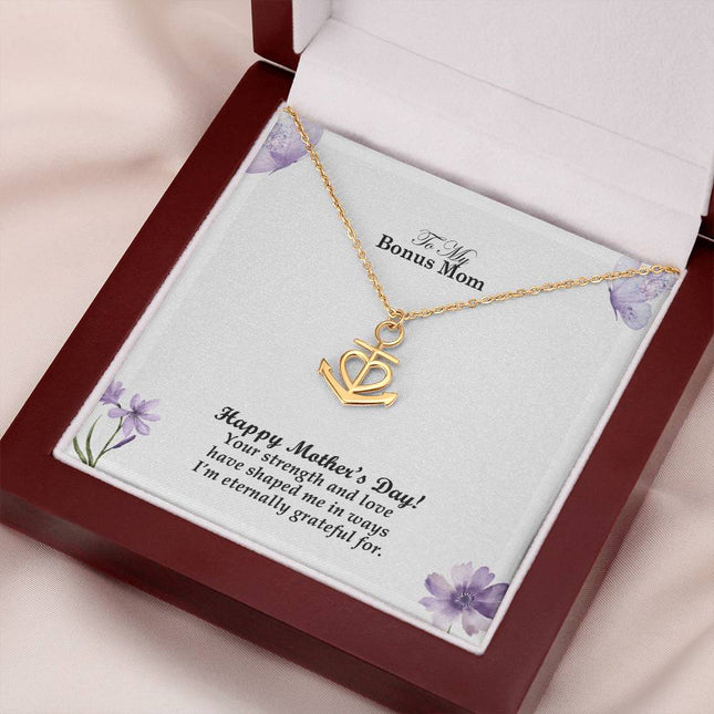 Christian anchor pendant necklace with "To My Bonus Mom Your Strength and Love Have Shaped Me" message — modern Mother's Day gift for bonus mom, in luxury gift box