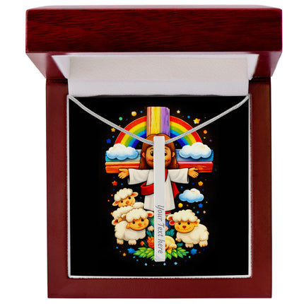 Jesus With the Sheep - Engraved 4-Sided Stick Necklace – Christian Gift for Kids