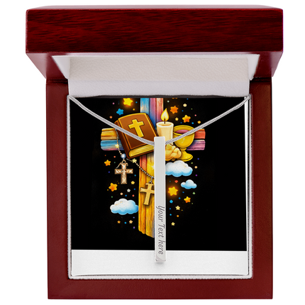 First Communion Bible & Chalice Engraved Bar Necklace – Christian Gift for Kids