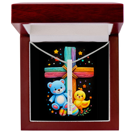 Rainbow Cross Teddy Bear | Christian Engraved 4-Sided Stick Necklace | Gift for Kids