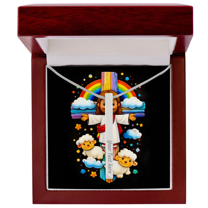 Rainbow Cross Jesus And Lamb | Christian Engraved 4-Sided Stick Necklace | Gift for Kids