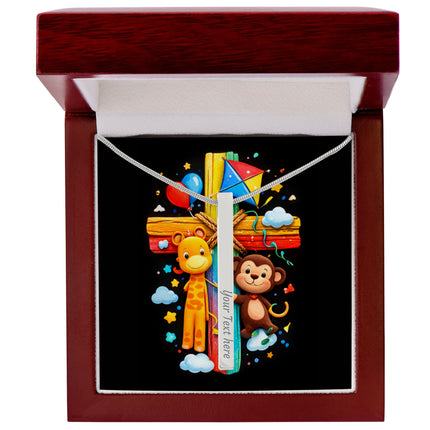 Rainbow Cross Jungle Animals | Christian Engraved 4-Sided Stick Necklace | Gift for Kids