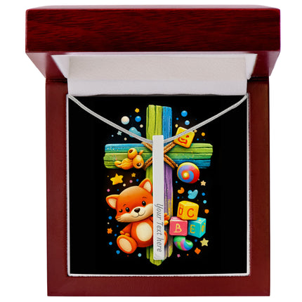 Rainbow Cross Little Fox | Christian Engraved 4-Sided Stick Necklace | Gift for Kids