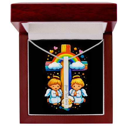 Rainbow Cross Cherub Angels | Christian Engraved 4-Sided Stick Necklace | Gift for Kids