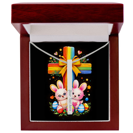 Rainbow Cross Bunnies | Christian Engraved 4-Sided Stick Necklace | Gift for Kids