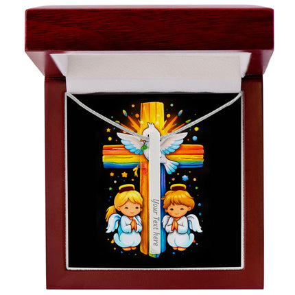 Rainbow Cross Angels And Dove | Christian Engraved 4-Sided Stick Necklace | Gift for Kids