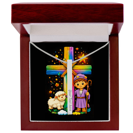 Rainbow Cross Little Shepherd | Christian Engraved 4-Sided Stick Necklace | Gift for Kids
