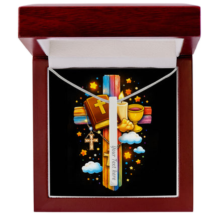 Rainbow Cross Bible And Cross | Christian Engraved 4-Sided Stick Necklace | Gift for Kids