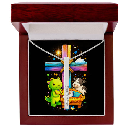 Rainbow Cross Frog And Cow | Christian Engraved 4-Sided Stick Necklace | Gift for Kids