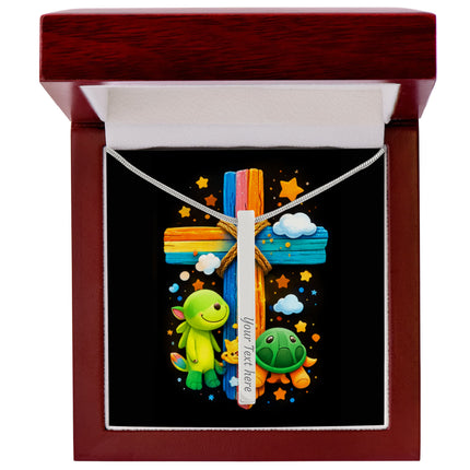Rainbow Cross Turtle | Christian Engraved 4-Sided Stick Necklace | Gift for Kids
