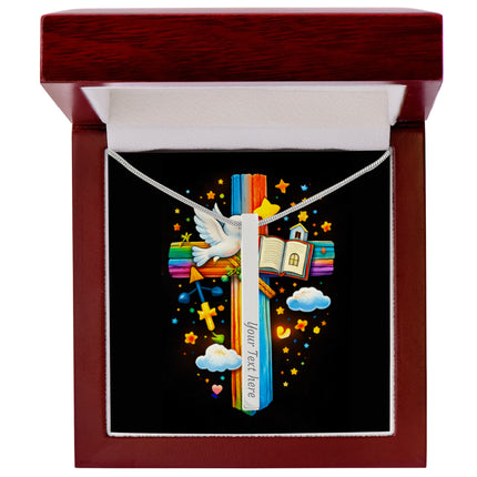 Rainbow Cross Open Bible | Christian Engraved 4-Sided Stick Necklace | Gift for Kids