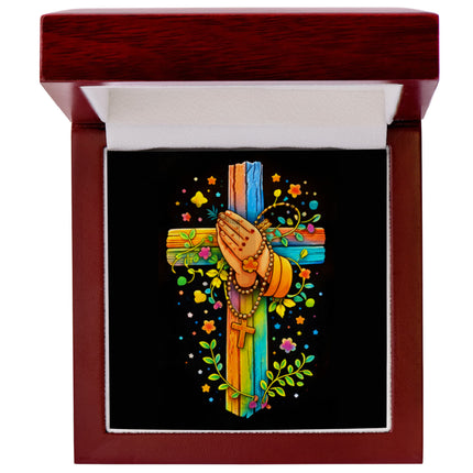 Rainbow Cross Praying Hands | Christian Engraved 4-Sided Stick Necklace | Gift for Kids