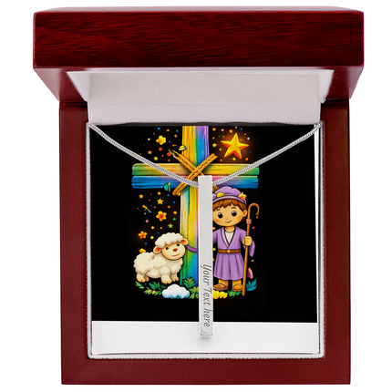Shepherd Boy & Lamb Rainbow Cross Engraved Bar Necklace – Christian Gift for Kids