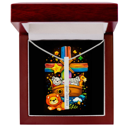 Rainbow Cross Noahs Ark | Christian Engraved 4-Sided Stick Necklace | Gift for Kids
