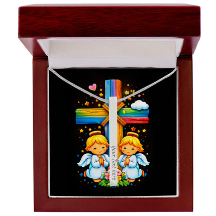 Rainbow Cross Angel Twins | Christian Engraved 4-Sided Stick Necklace | Gift for Kids