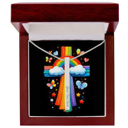 Rainbow Cross Butterfly | Christian Engraved 4-Sided Stick Necklace | Gift for Kids
