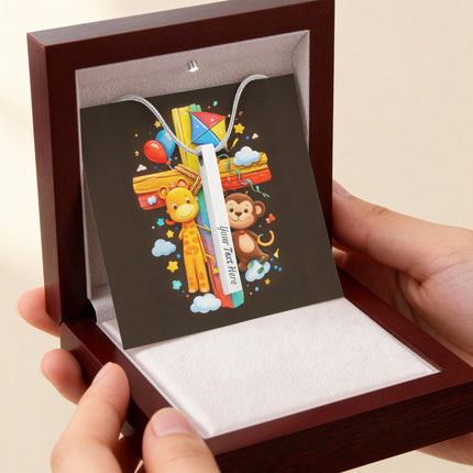 Rainbow Cross Jungle Animals | Christian Engraved 4-Sided Stick Necklace | Gift for Kids