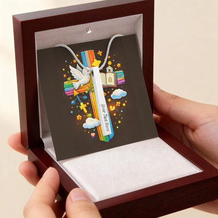 Rainbow Cross Open Bible | Christian Engraved 4-Sided Stick Necklace | Gift for Kids