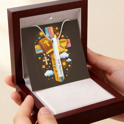 Rainbow Cross Bible And Cross | Christian Engraved 4-Sided Stick Necklace | Gift for Kids
