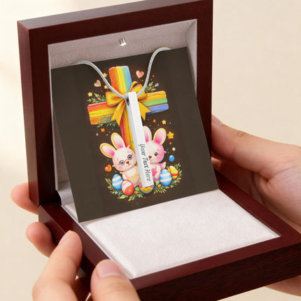 Rainbow Cross Bunnies | Christian Engraved 4-Sided Stick Necklace | Gift for Kids