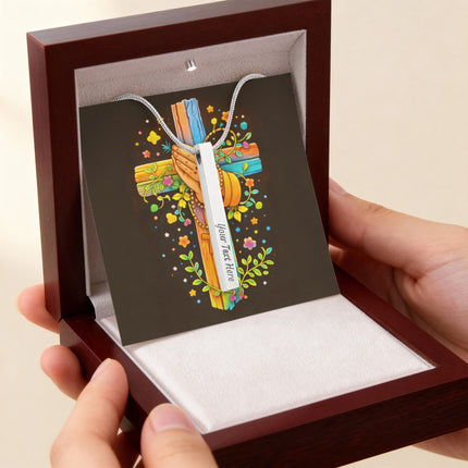 Rainbow Cross Praying Hands | Christian Engraved 4-Sided Stick Necklace | Gift for Kids