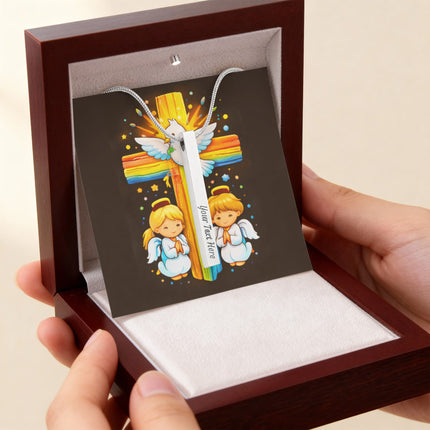 Rainbow Cross Angels And Dove | Christian Engraved 4-Sided Stick Necklace | Gift for Kids