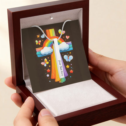 Rainbow Cross Butterfly | Christian Engraved 4-Sided Stick Necklace | Gift for Kids