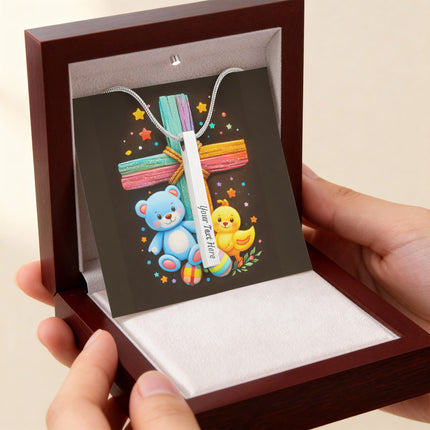 Rainbow Cross Teddy Bear | Christian Engraved 4-Sided Stick Necklace | Gift for Kids