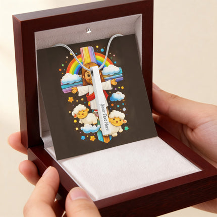 Rainbow Cross Jesus And Lamb | Christian Engraved 4-Sided Stick Necklace | Gift for Kids