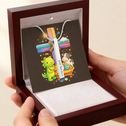 Rainbow Cross Frog And Cow | Christian Engraved 4-Sided Stick Necklace | Gift for Kids
