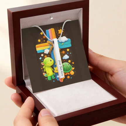 Rainbow Cross Turtle | Christian Engraved 4-Sided Stick Necklace | Gift for Kids