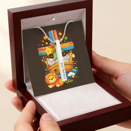 Rainbow Cross Noahs Ark | Christian Engraved 4-Sided Stick Necklace | Gift for Kids