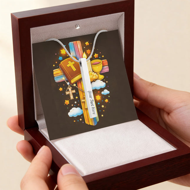 First Communion Bible & Chalice Engraved Bar Necklace – Christian Gift for Kids