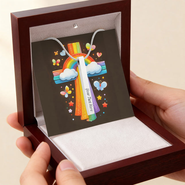 Rainbow & Clouds Cross Engraved Bar Necklace – Christian Gift for Kids